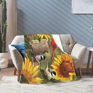 Fiokroo Rustic Sunflowers Floral Cardinal Birds Fleece Blanket Lightweight Cozy Ultra-Soft Throw Blanket Microfiber Blankets All Seasons for Home Bedroom Couch Sofa Travel 50x60 Inch