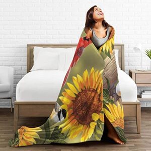 Fiokroo Rustic Sunflowers Floral Cardinal Birds Fleece Blanket Lightweight Cozy Ultra-Soft Throw Blanket Microfiber Blankets All Seasons for Home Bedroom Couch Sofa Travel 50x60 Inch