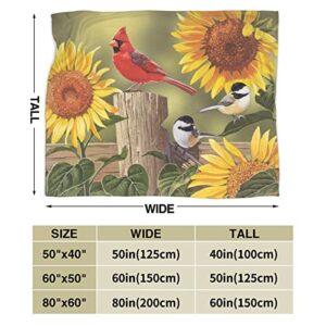 Fiokroo Rustic Sunflowers Floral Cardinal Birds Fleece Blanket Lightweight Cozy Ultra-Soft Throw Blanket Microfiber Blankets All Seasons for Home Bedroom Couch Sofa Travel 50x60 Inch