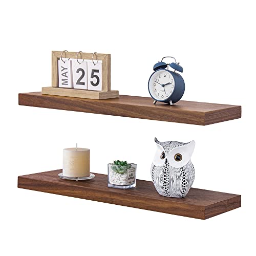 Walnut Floating Shelves, 8'' Deep Shelves Wall Mounted, 24 Inch Long Rustic Wood Floating Shelves for Wall Storage & Decor, Wide Wooden Shelves for Bedroom, Living Room, Kitchen, Set of 2