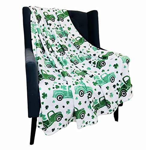 St. Patrick's Day Throw Blanket: Decorative Truck Full of Luck with Shamrock Clovers on Distressed Background Cozy Fuzzy Fleece Decorative Accent for Couch Sofa Chair Bed or Dorm (Irish Go Lucky)