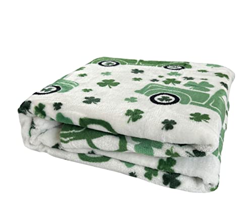 St. Patrick's Day Throw Blanket: Decorative Truck Full of Luck with Shamrock Clovers on Distressed Background Cozy Fuzzy Fleece Decorative Accent for Couch Sofa Chair Bed or Dorm (Irish Go Lucky)