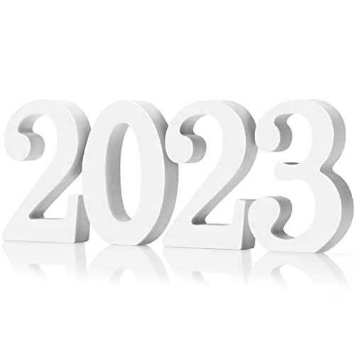 2023 Sign Prop Class of 2023 Graduation Decorations 2023 Wooden Numbers Block Table Top Freestanding Sign 2023 Number Word Sign Table Decor for Wedding Party Photo Props Decoration (White)