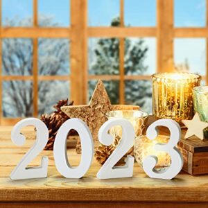 2023 Sign Prop Class of 2023 Graduation Decorations 2023 Wooden Numbers Block Table Top Freestanding Sign 2023 Number Word Sign Table Decor for Wedding Party Photo Props Decoration (White)