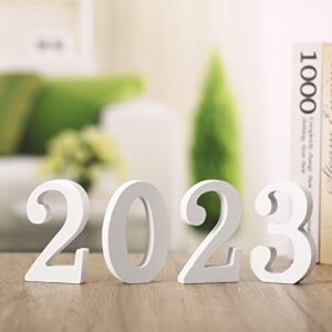2023 Sign Prop Class of 2023 Graduation Decorations 2023 Wooden Numbers Block Table Top Freestanding Sign 2023 Number Word Sign Table Decor for Wedding Party Photo Props Decoration (White)