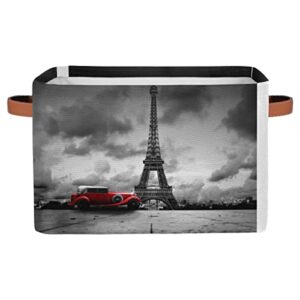 Large Collapsible Storage Bins ,Paris Eiffel Tower Car Decorative Canvas Fabric Storage Boxes Organizer with Handles，Rectangular Baskets Bin for Home Shelves Closet Nursery Gifts