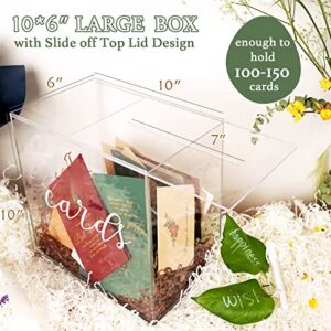 JupDec Clear Wedding Card Box Acrylic for Reception with Slot, 10" X 10" X 6" Large Advice Gift Envelope Holder, Elegant Honeymoon Fund Memory Boxes for Anniversary Baby Bridal Shower Birthday Party