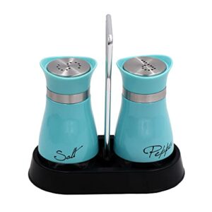 2 pcs – stainless steel and glass salt and pepper shaker sets with holder (blue)