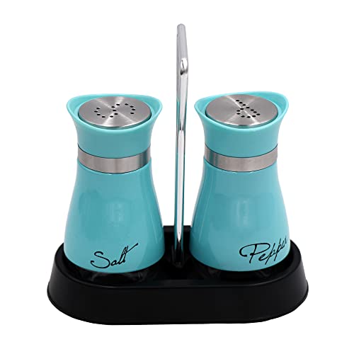 2 PCS - Stainless Steel and Glass Salt and Pepper Shaker Sets with Holder (BLUE)