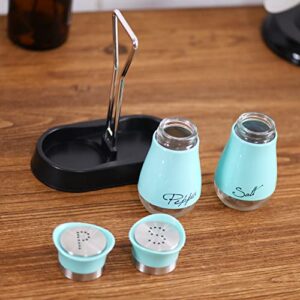 2 PCS - Stainless Steel and Glass Salt and Pepper Shaker Sets with Holder (BLUE)