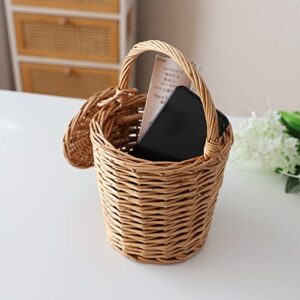 Small Wicker Basket, Round Storage Bin with Handle and Lid for Cell Phones Toys Sundries