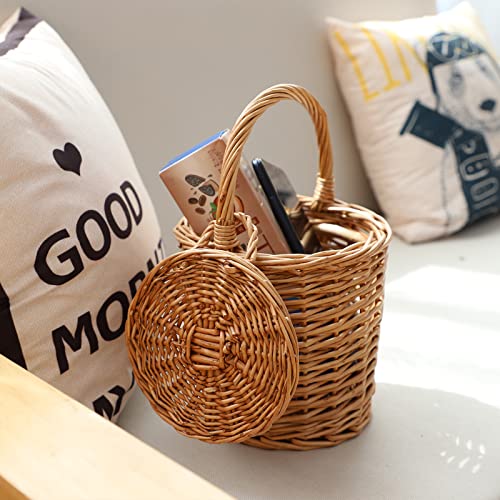 Small Wicker Basket, Round Storage Bin with Handle and Lid for Cell Phones Toys Sundries