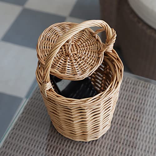 Small Wicker Basket, Round Storage Bin with Handle and Lid for Cell Phones Toys Sundries
