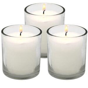 white votive candles in glass jar – 3 pk glass votives – long burning votives 24 hour candle – smokeless unscented votive candles – wedding votive candles for wedding dinner party – relaxing candles