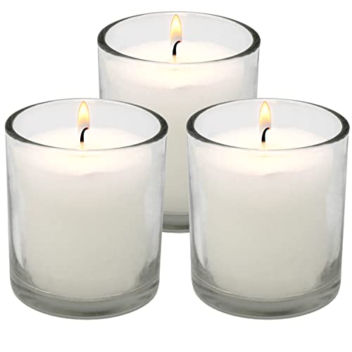 White Votive Candles in Glass Jar - 3 Pk Glass Votives - Long Burning Votives 24 Hour Candle - Smokeless Unscented Votive Candles - Wedding Votive Candles for Wedding Dinner Party - Relaxing Candles