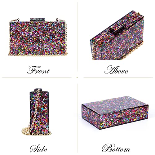 BOBOKA Acrylic Clutch Purses with Rhinestone Rectangle Dangle Earrings Glitter Purse for Women Multicolor Perspex Geometric Patterns Banquet Evening Bag Shoulder Crossbody Handbags