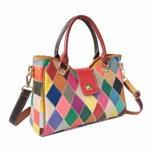 Tote Bags for Women Fashion Multicolor Plaid Handbag Ladies Colorful Satchel Bags Genuine Leather Top Handle Shoulder Purses (Multicolor)