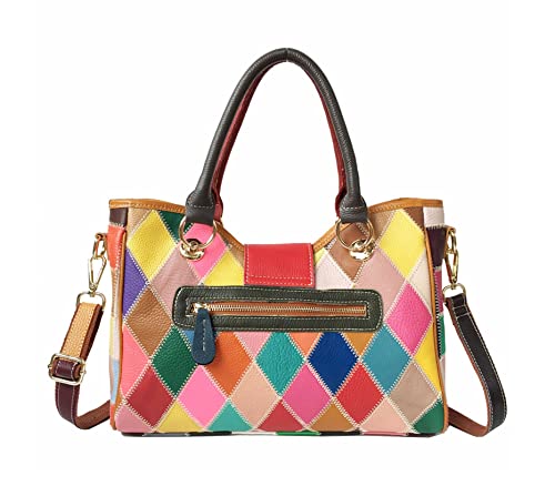 Tote Bags for Women Fashion Multicolor Plaid Handbag Ladies Colorful Satchel Bags Genuine Leather Top Handle Shoulder Purses (Multicolor)