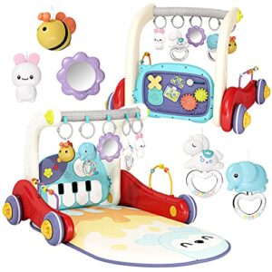 jovow 2 in 1 baby gym with walker,baby play mat with 5 infant learning sensory,double-sided multifunctional removable play piano panel ,sit-to-stand learning walker for 0-24 months boy girl