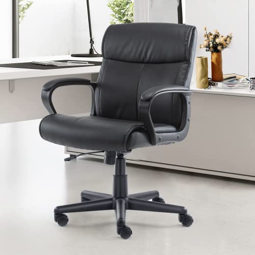 Executive Office Chair Computer Desk Chair with Padded Armrests, Ergonomic Chair Mid Back Lumbar Support and Adjustable Height & Tilt Angle Home Office Desk Chairs PU Leather Swivel Rolling Chair