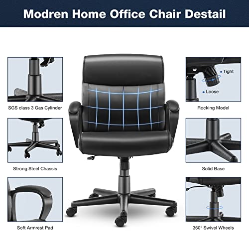 Executive Office Chair Computer Desk Chair with Padded Armrests, Ergonomic Chair Mid Back Lumbar Support and Adjustable Height & Tilt Angle Home Office Desk Chairs PU Leather Swivel Rolling Chair