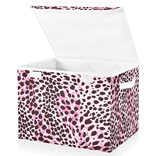 Kigai Pink Sexy Cute Leopard Storage Bin, Storage Baskets with Lids Large Organizer Collapsible Storage Bins Cube for Bedroom, Shelves, Closet, Home, Office 16.5 X 12.6 X 11.8 Inch