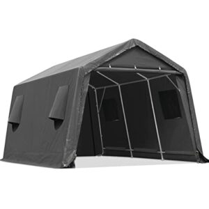 advance outdoor 10×15 ft shelter storage shed steel metal peak roof anti-snow portable garage carport for motorcycle, boat or garden tools with 2 roll up doors & vents, gray