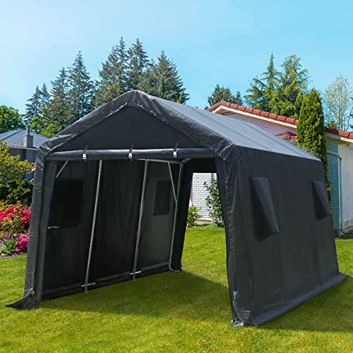 ADVANCE OUTDOOR 10x15 ft Shelter Storage Shed Steel Metal Peak Roof Anti-Snow Portable Garage Carport for Motorcycle, Boat or Garden Tools with 2 Roll up Doors & Vents, Gray
