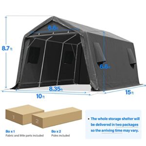 ADVANCE OUTDOOR 10x15 ft Shelter Storage Shed Steel Metal Peak Roof Anti-Snow Portable Garage Carport for Motorcycle, Boat or Garden Tools with 2 Roll up Doors & Vents, Gray