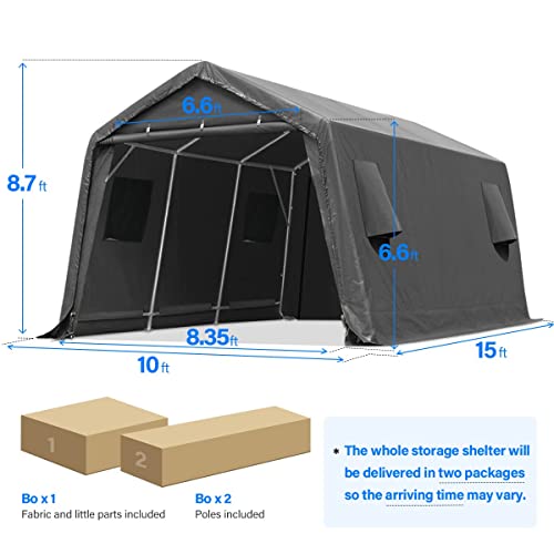 ADVANCE OUTDOOR 10x15 ft Shelter Storage Shed Steel Metal Peak Roof Anti-Snow Portable Garage Carport for Motorcycle, Boat or Garden Tools with 2 Roll up Doors & Vents, Gray