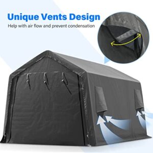 ADVANCE OUTDOOR 10x15 ft Shelter Storage Shed Steel Metal Peak Roof Anti-Snow Portable Garage Carport for Motorcycle, Boat or Garden Tools with 2 Roll up Doors & Vents, Gray