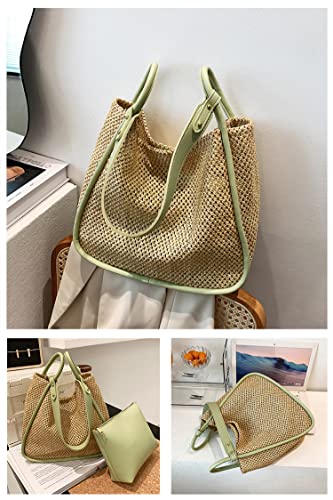 Ulisty Women Straw Bag Weave Tote Bag Summer Beach Bag Shoulder Bag Top Handle Bag Handbag 2 Pcs Set green