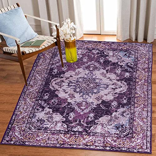 Bohemian Medallion Chic Area Rug,3'X 5' Purple Living Room Bedroom Dining Room Non-Slip Backing Soft Faux Wool Floor Carpet for Kitchen Bedroom Bathroom Dining Room