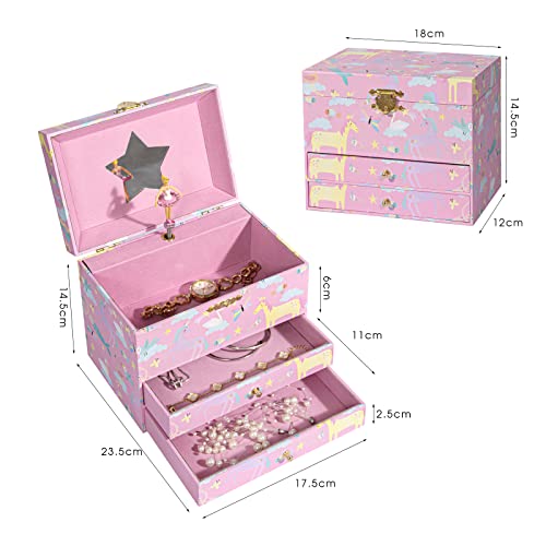 lekymo Jewelry Box for Girls Kids Jewelry Box Musical Ballerina Box for Girls, Unicorn & Mermaid Design Jewelry Box with 2 Pullout Drawers Jewelry Organizers for Bedroom Christmas Birthday Gifts
