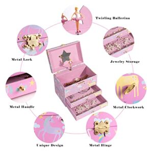 lekymo Jewelry Box for Girls Kids Jewelry Box Musical Ballerina Box for Girls, Unicorn & Mermaid Design Jewelry Box with 2 Pullout Drawers Jewelry Organizers for Bedroom Christmas Birthday Gifts