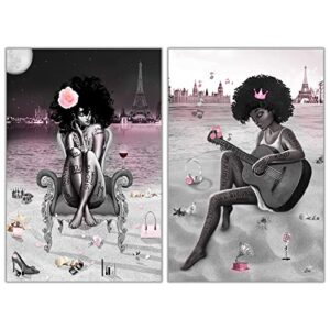 2 pieces african american wall art black girl fashion posters pink and black beach eiffel tower painting picture modern artwork for bathroom living room home wall decor (12×18 inch)