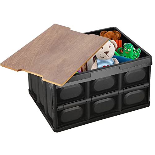 Folding Storage Bin with MDF Lid, 30L Storage Box Container Stackable Shelf Basket Cloth Closet Car Organizer Outdoor Picnic Transport Box Toy Clothes Book Holder Plastic Collapsible Tote Crate -Black