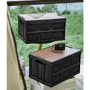 Folding Storage Bin with MDF Lid, 30L Storage Box Container Stackable Shelf Basket Cloth Closet Car Organizer Outdoor Picnic Transport Box Toy Clothes Book Holder Plastic Collapsible Tote Crate -Black