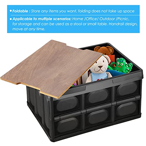 Folding Storage Bin with MDF Lid, 30L Storage Box Container Stackable Shelf Basket Cloth Closet Car Organizer Outdoor Picnic Transport Box Toy Clothes Book Holder Plastic Collapsible Tote Crate -Black