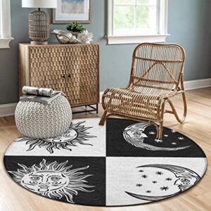 Comfortable Bedroom Living Room Decoration Sun and Moon Black and White Round Area Rugs Soft Flannel Mat Carpet, Fashion and Funny Play Mat with Non-Slip Bottom Protection, 24 Inches