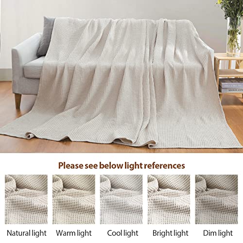 Waffle Blanket Queen 100% Cotton Bed Blanket,380 GSM Waffle Weave Throw Blanket for All Seasons, Pre-Washed and Anti-Shrinkage Soft Lightweight Blanket for Bed, Sofa (Khaki,90x90)