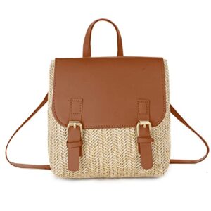 women’s straw woven pu leather backpack bobo beach backpack elegant small backpack holiday daypack shopping dating bag