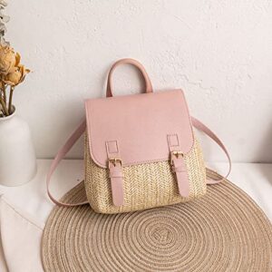 Women's Straw Woven PU Leather Backpack Bobo Beach Backpack Elegant Small Backpack Holiday Daypack Shopping Dating Bag