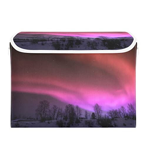 Kigai Aurora Borealis Purple Pink Storage Baskets for Shelves Foldable Closet Basket Storage Bins with Lid for Clothes Home Office Toys Organizers