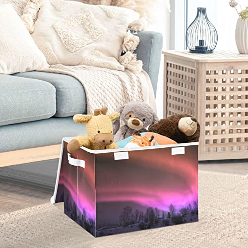 Kigai Aurora Borealis Purple Pink Storage Baskets for Shelves Foldable Closet Basket Storage Bins with Lid for Clothes Home Office Toys Organizers