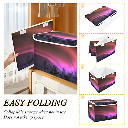 Kigai Aurora Borealis Purple Pink Storage Baskets for Shelves Foldable Closet Basket Storage Bins with Lid for Clothes Home Office Toys Organizers