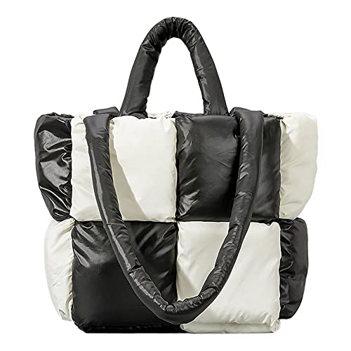 Ovida Women Large Puffer Tote Bag Quilted Top-Handle Shoulder Bag Soft Down Cotton Padded Tote Handbag with Zipper(Checkerboard)