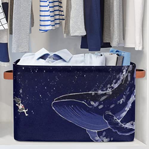 Pardick Large Collapsible Storage Bins ,Universe Whale Decorative Canvas Fabric Storage Boxes Organizer with Handles，Rectangular Baskets Bin for Home Shelves Closet Nursery Gifts