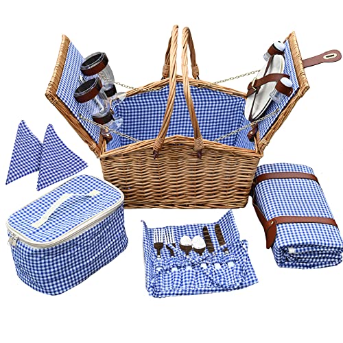 18PCS Wicker Picnic Basket for 2 with Cooler Hamper/Picnic Blanket, Large Picnic Set for Camping,Outdoor,Valentine Day,Thanks Giving,Birthday Christmas for Couples,Blue Gingham