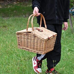 18PCS Wicker Picnic Basket for 2 with Cooler Hamper/Picnic Blanket, Large Picnic Set for Camping,Outdoor,Valentine Day,Thanks Giving,Birthday Christmas for Couples,Blue Gingham